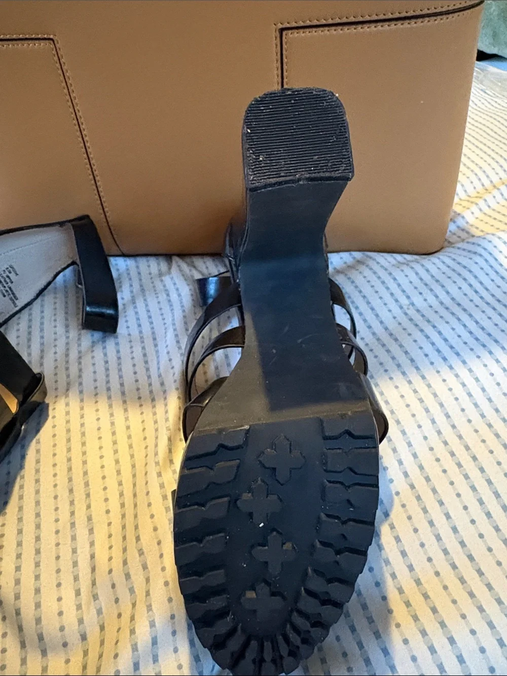 STEVEN Madden Black Patent Multi-Strap Platform Heels, size 8.5.